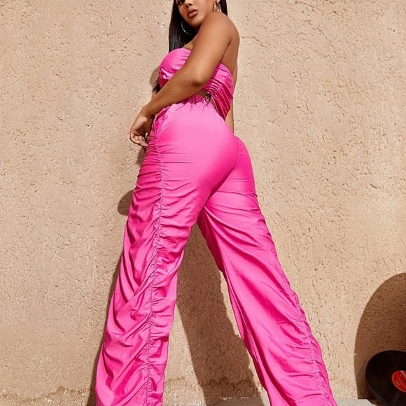 Pink Preppy Womens Solid Drawstring Hem Tube Top & Ruched Wide Leg Pants Set - Picture 4 of 5